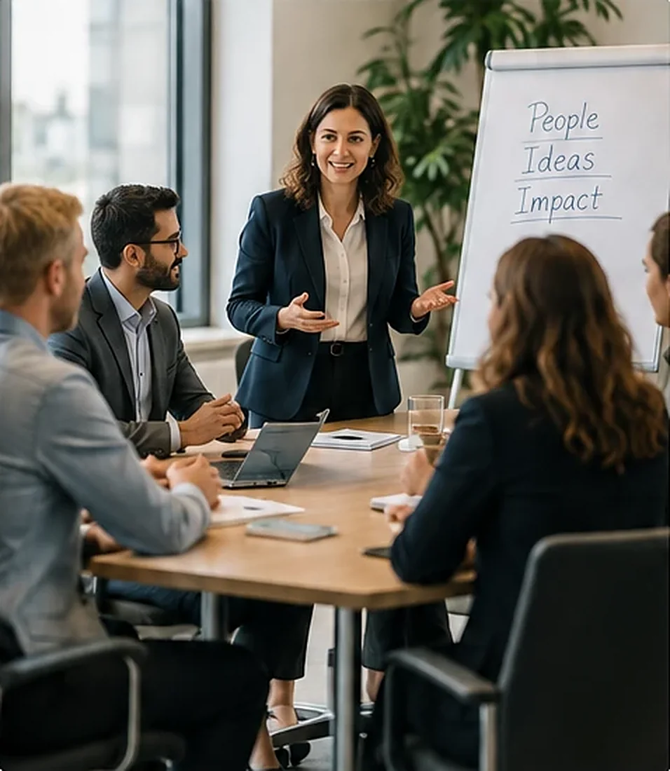 Trainer leading a discussion with colleagues around a meeting table next to a flipchart