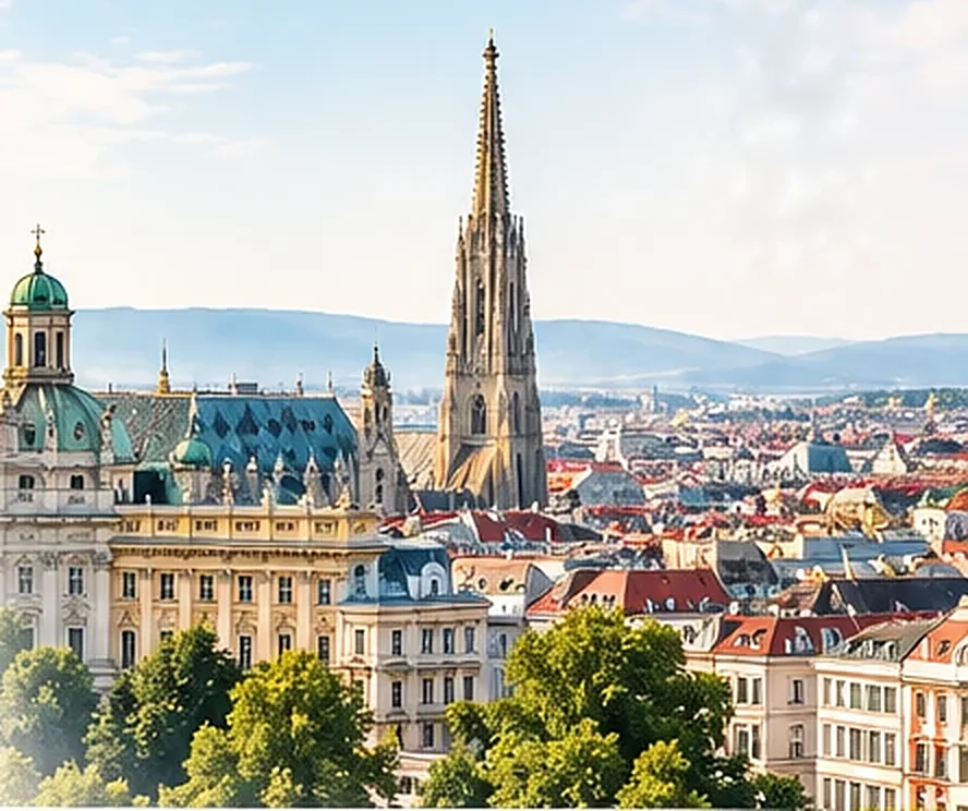 Vienna rooftops with St. Stephen's Cathedral and the hills beyond