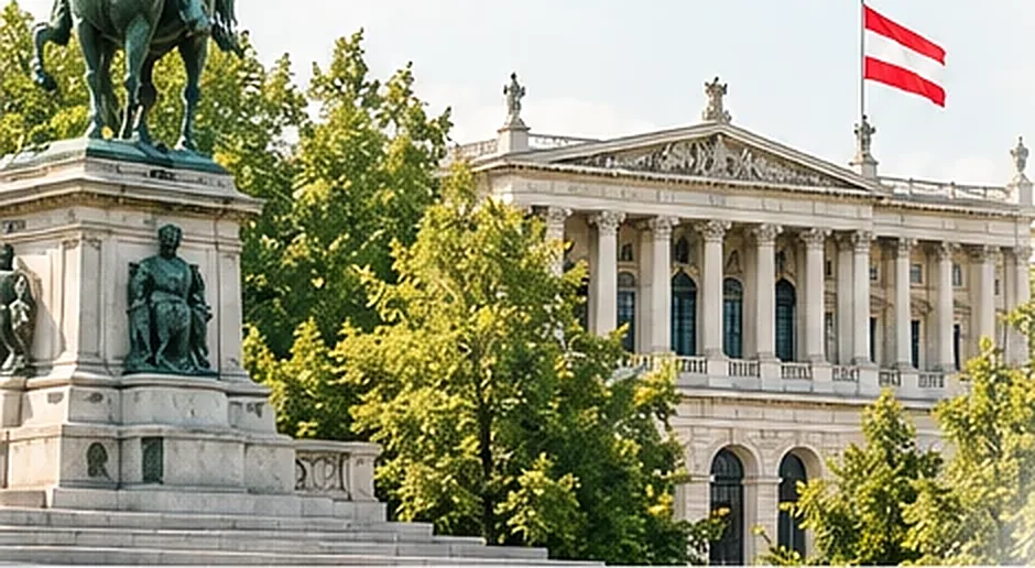 Monument and the Austrian Parliament building in Vienna, with the Austrian flag