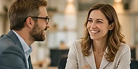 Two colleagues smiling during a conversation