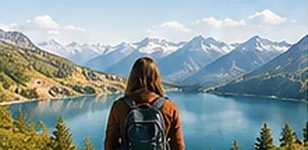 Hiker looking out over an Alpine lake